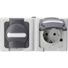 Kopp blue electric stopcontact ip44 horizontaal met deksel en randaarde 2-voudig opbouw grijs