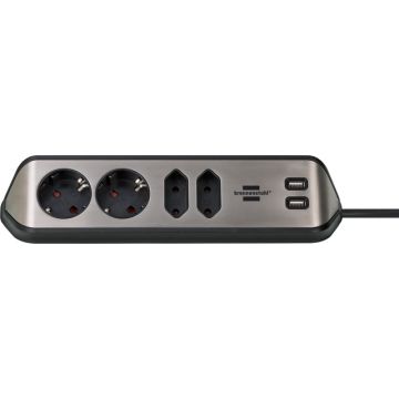 BRENNENSTUHL stekkerdoos 4-voudig en 2x USB A - ziver-zwart (1153590410)