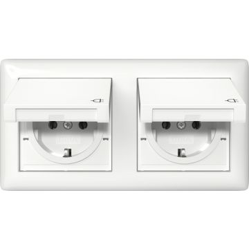 Gira stopcontact 2-voudig met randaarde en klepdeksel 16A 250V IP44 - Systeem 55 zuiver wit glanzend (415803)