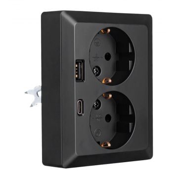 ION industries stopcontact half opbouw 2-voudig met randaarde en USB A + USB C - mat zwart (10.300.616)