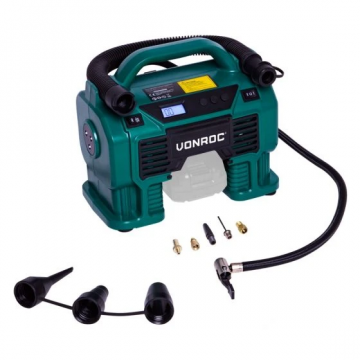 VONROC accu compressor 11 bar 380 l/min 82,2dB 12V sigarettenaansteker en VPOWER 20V - body zonder accu en lader (CR503DC)