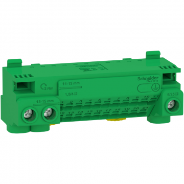 Schneider Electric aardingsklemmenblok met jumper 63A - 24 uitgangen 3 x 25mm2 en 21 x 4mm2 (LGYT1E24)