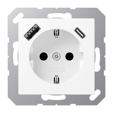 JUNG wandcontactdoos met 2x USB lader (1x type A en 1x type C, max 3A 5V) A range - sneeuwwit mat (A1520-15CAWWM)